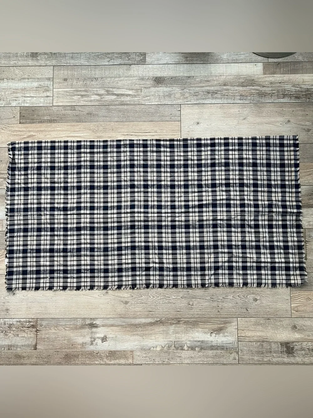 Navy Blue and Cream Plaid Blanket Scarf with Fringe Edge
